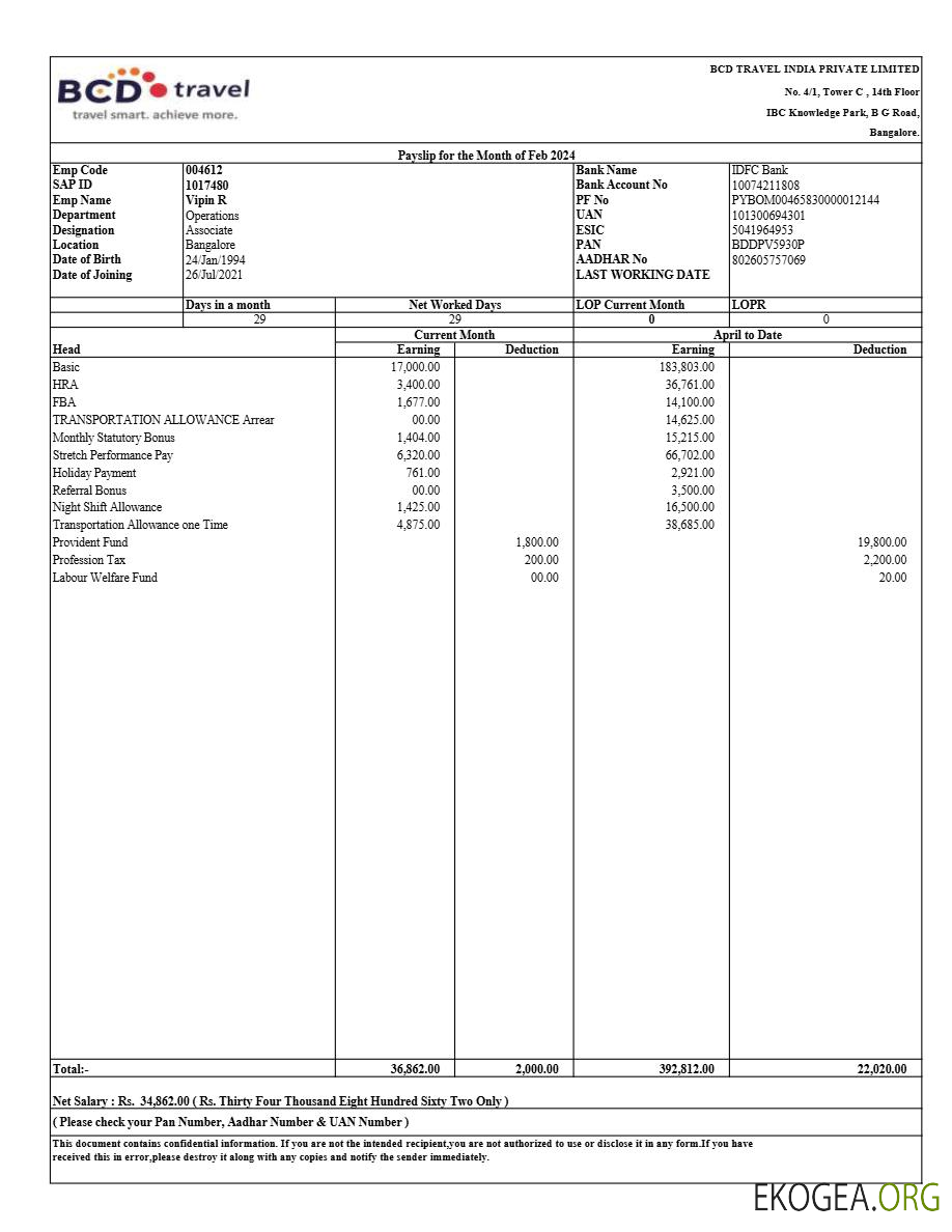 Modèle de fiche de paie de BCD Travel India aux formats Word et PDF.pdf, 1